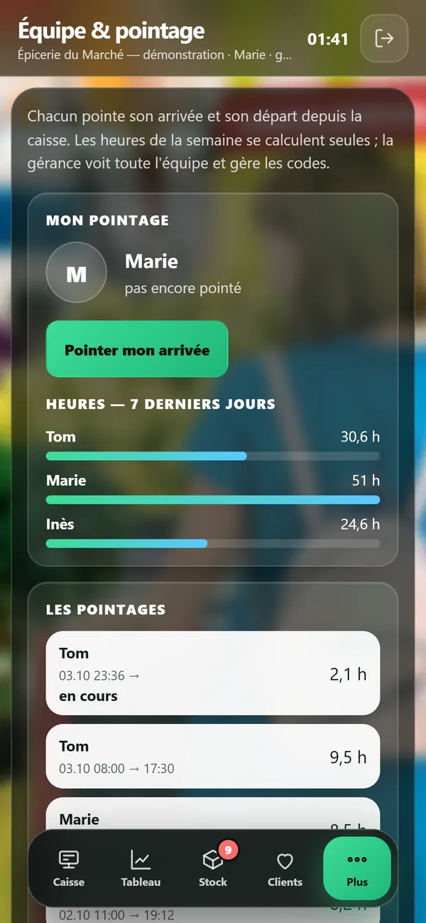 Sur téléphone : L'équipe et le pointage