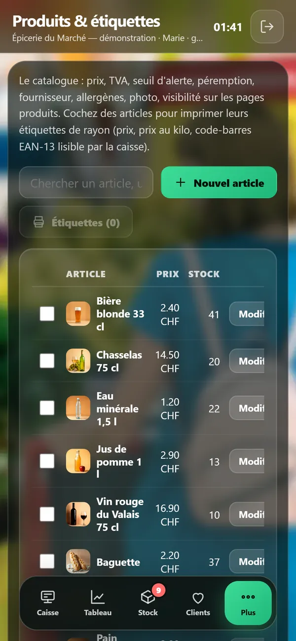 Sur téléphone : Produits et étiquettes