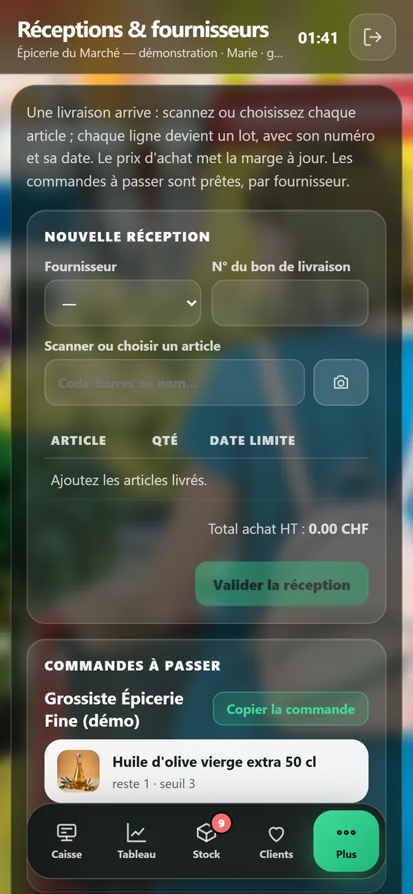 Sur téléphone : Réceptions et fournisseurs