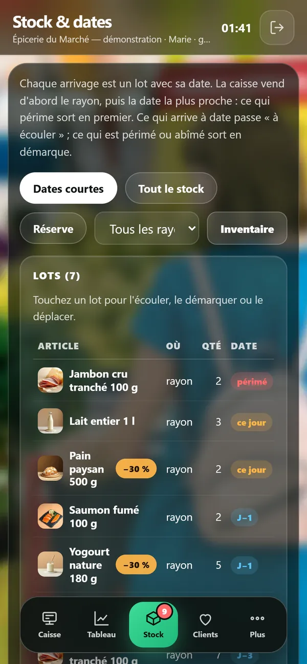 Sur téléphone : Le stock et les dates