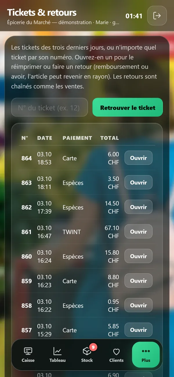 Sur téléphone : Tickets et retours