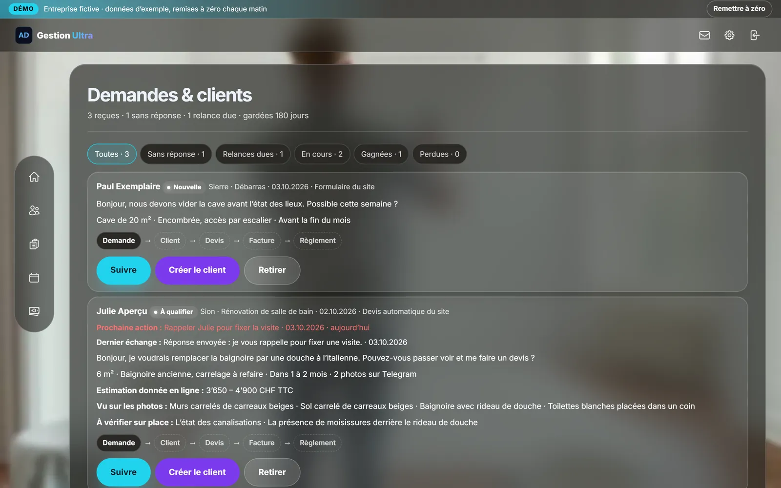 Sur ordinateur : Les demandes du site