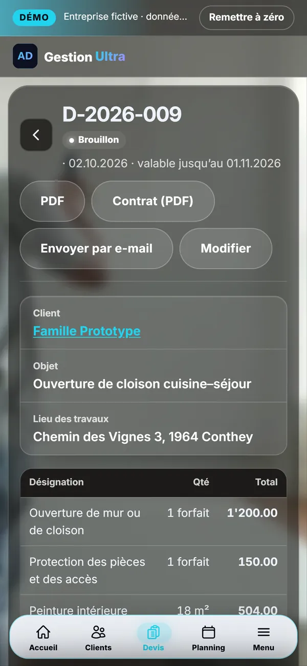 Sur téléphone : Le devis