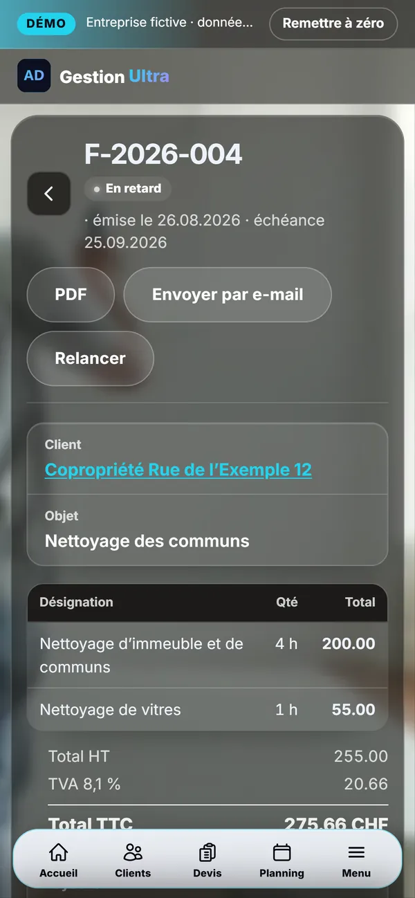 Sur téléphone : La facture et la relance