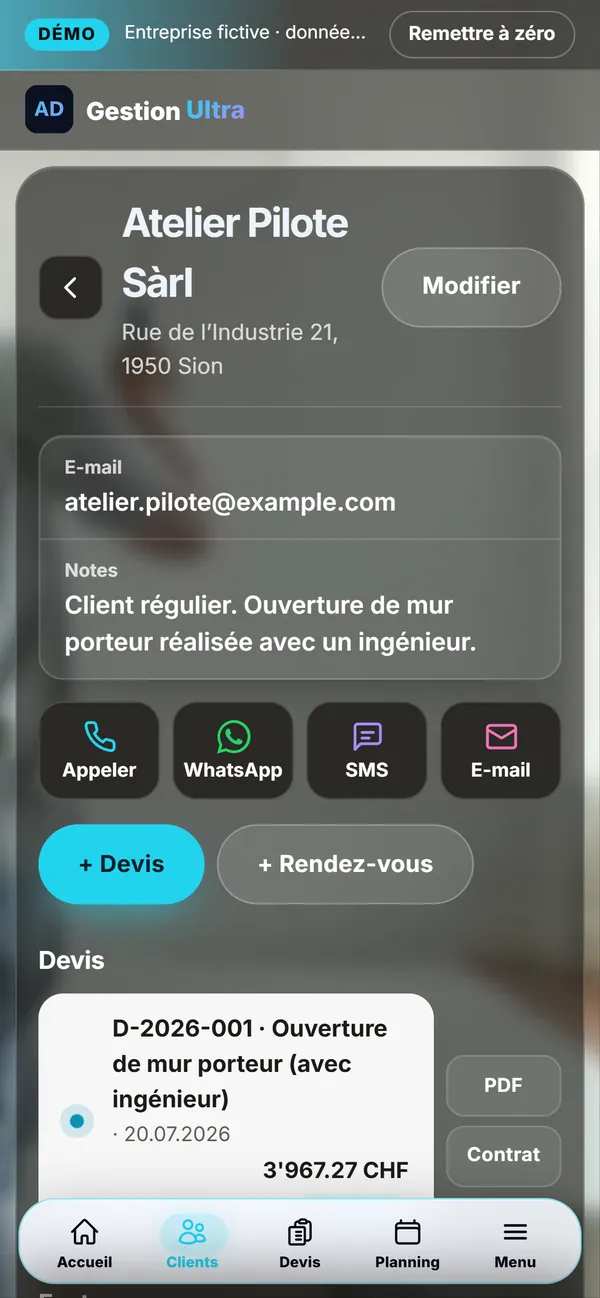 Sur téléphone : La fiche client
