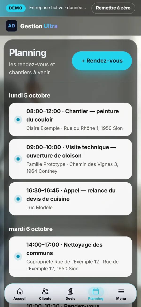 Sur téléphone : Le planning