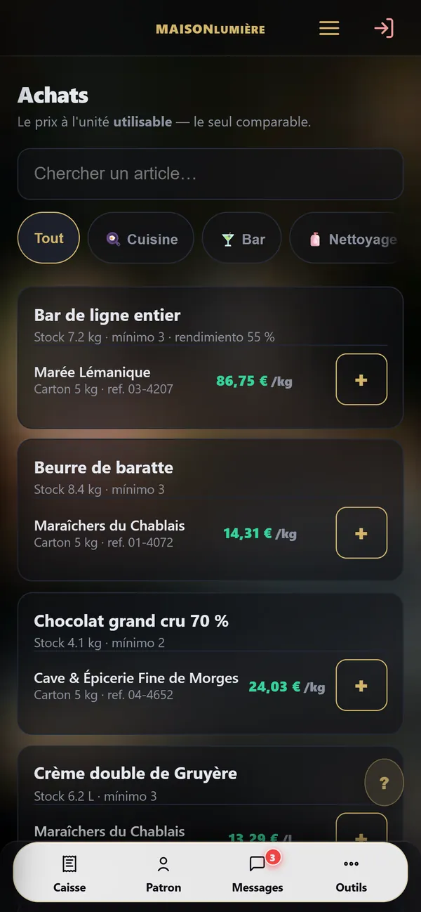 Sur téléphone : Achats et fournisseurs