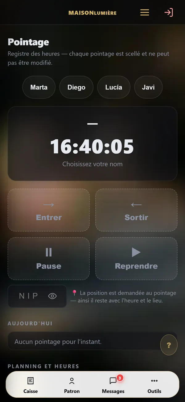 Sur téléphone : Planning et pointage