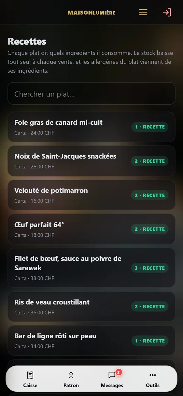 Sur téléphone : Stock et recettes