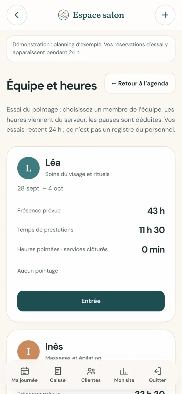 Sur téléphone : L’équipe et ses heures