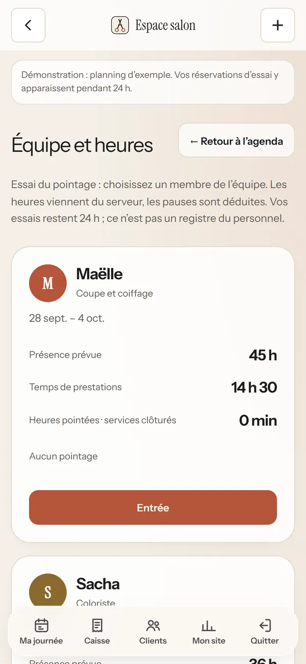 Sur téléphone : L’équipe et ses heures