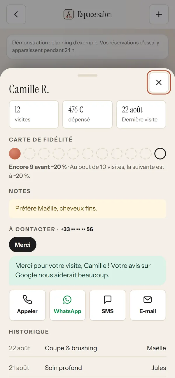 Sur téléphone : La fiche cliente
